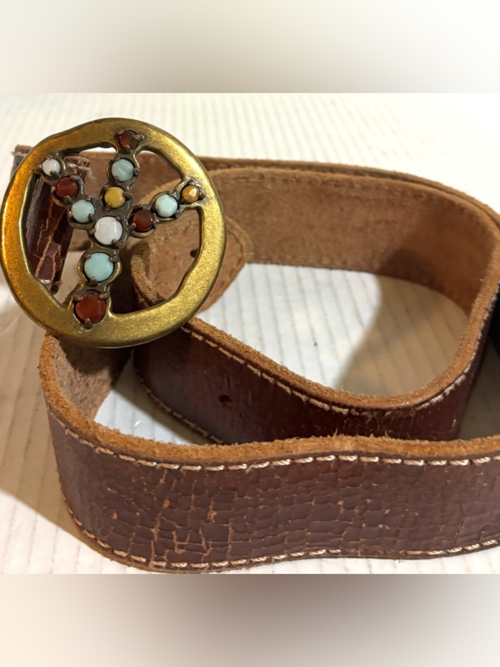Brown vintage Leather Women's Belt with Decorative Multicolor Medallion size 32
